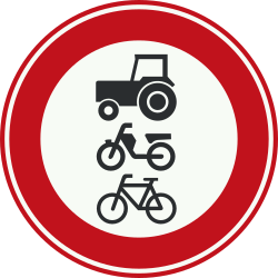 Bord C9: Gesloten voor ruiters, vee, wagens, landbouwvoertuigen, brommobielen, fietsen en bromfietsen